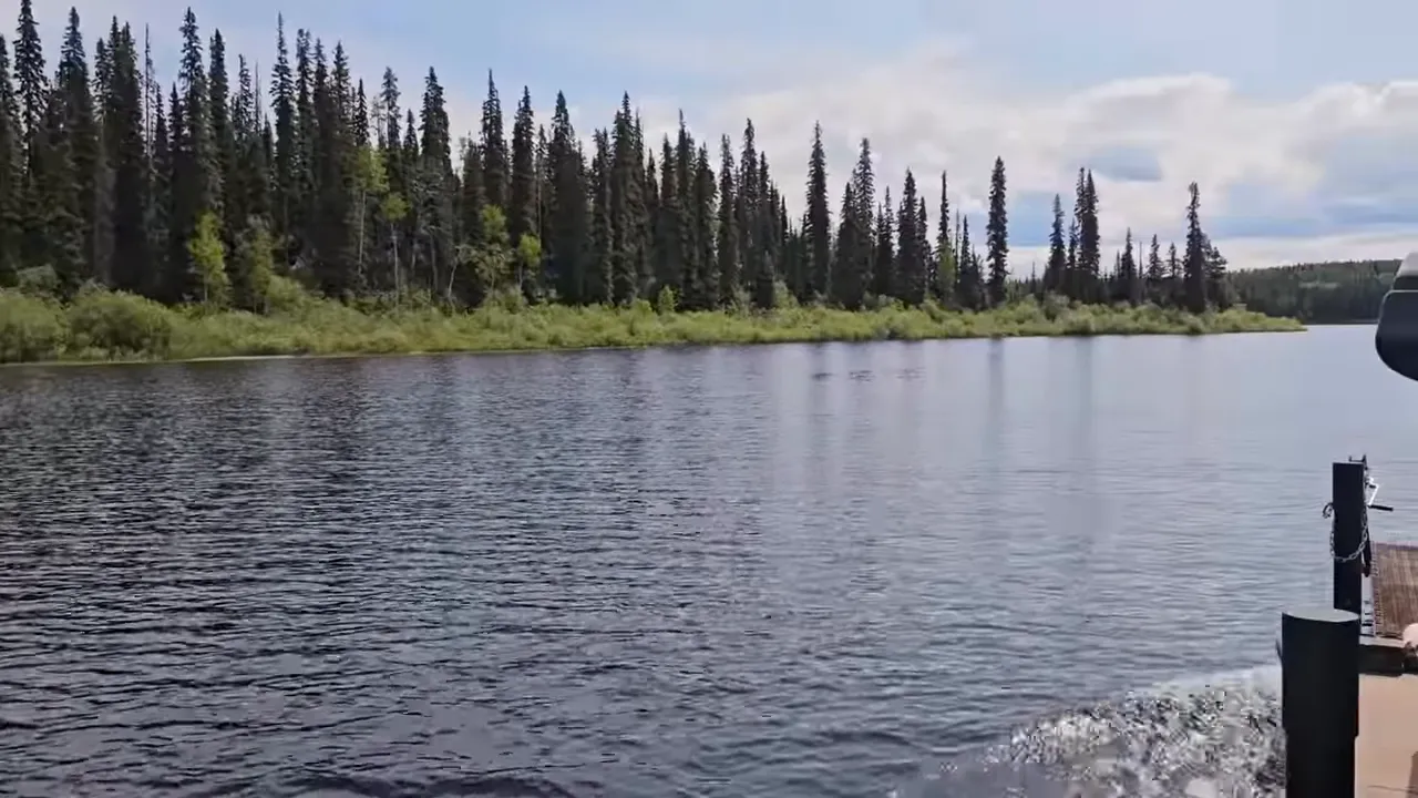 View from the barge showing the lake, distant tree-lined shore and the barge edge in the right foreground