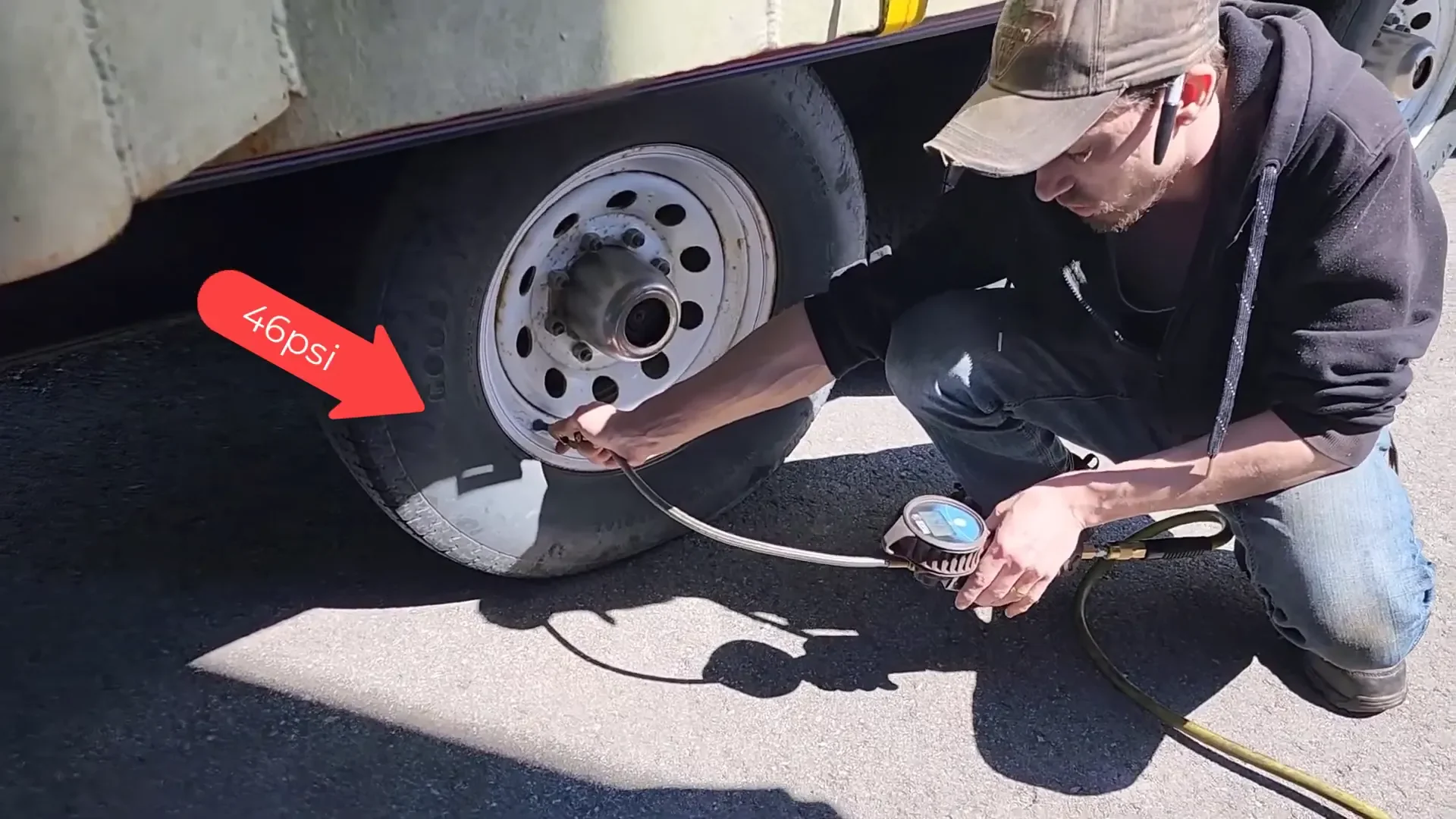 Dangerous Blown Tire on Road Trip with Overloaded Trailer - S1 Ep8 1 Checking tire pressure at canadian tire