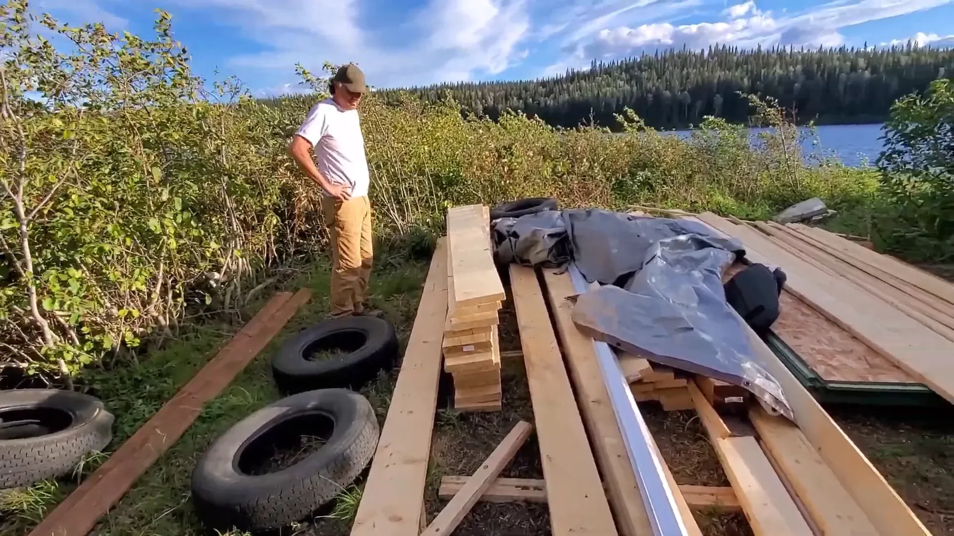 Our FIRST Night in our Tiny Cabin | S1 Ep26 4 First night in tiny cabin - getting materials for bed frame