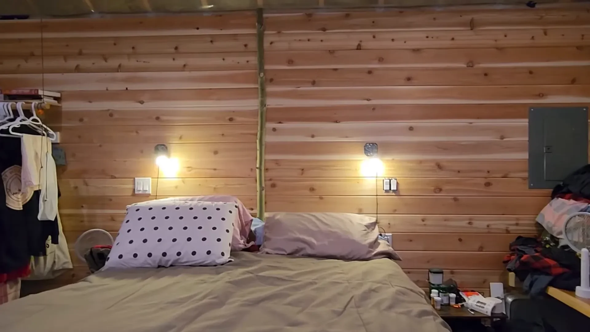 The completed cedar wall in the cabin