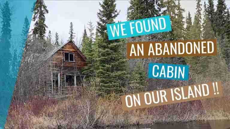 An old cabin near a forested lakeshore
