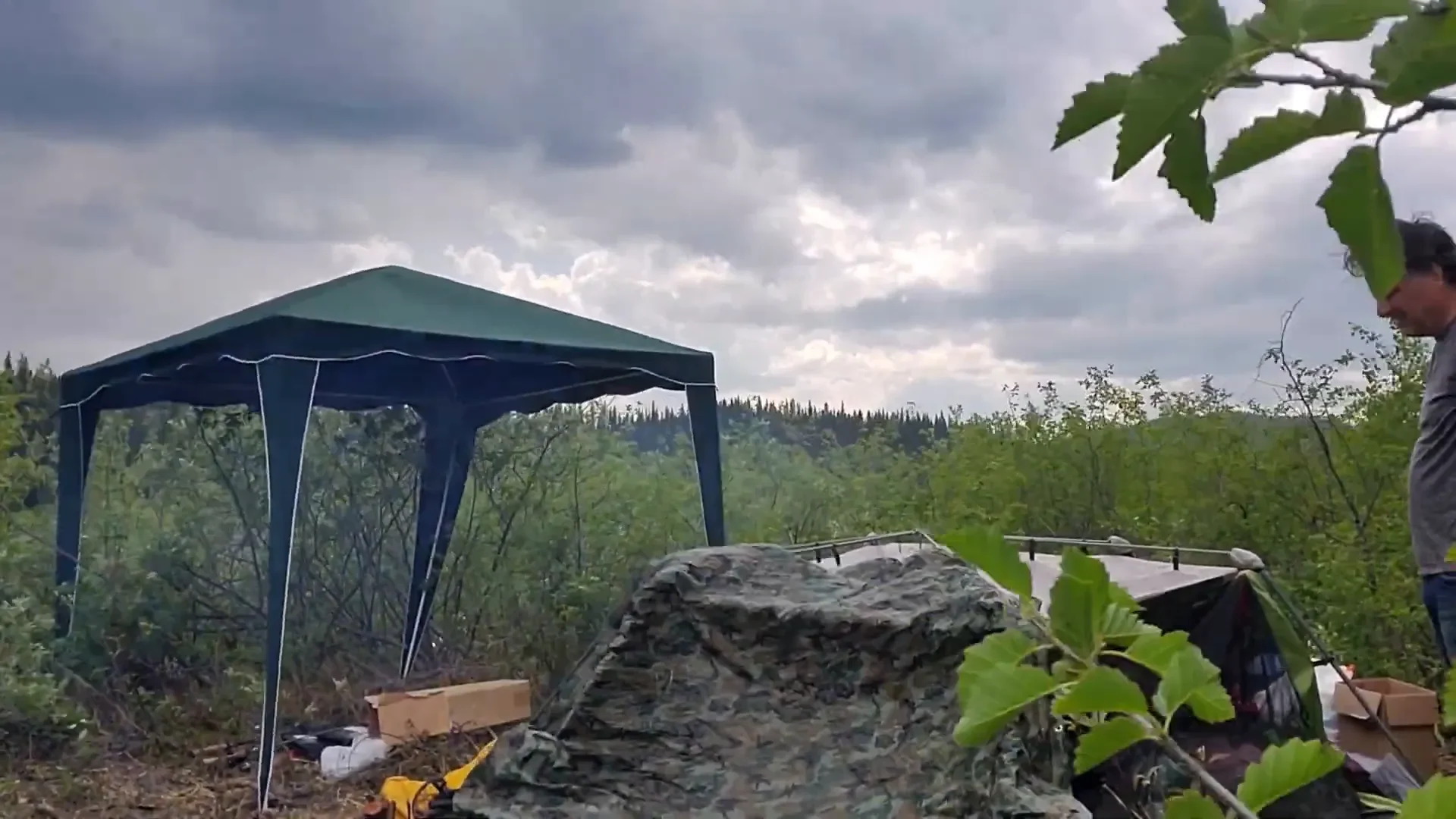 Clearing land road building - camp during wind storm
