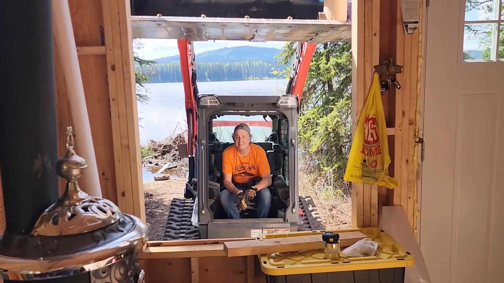 Tiny cabin windows installed - best scaffolding ever!