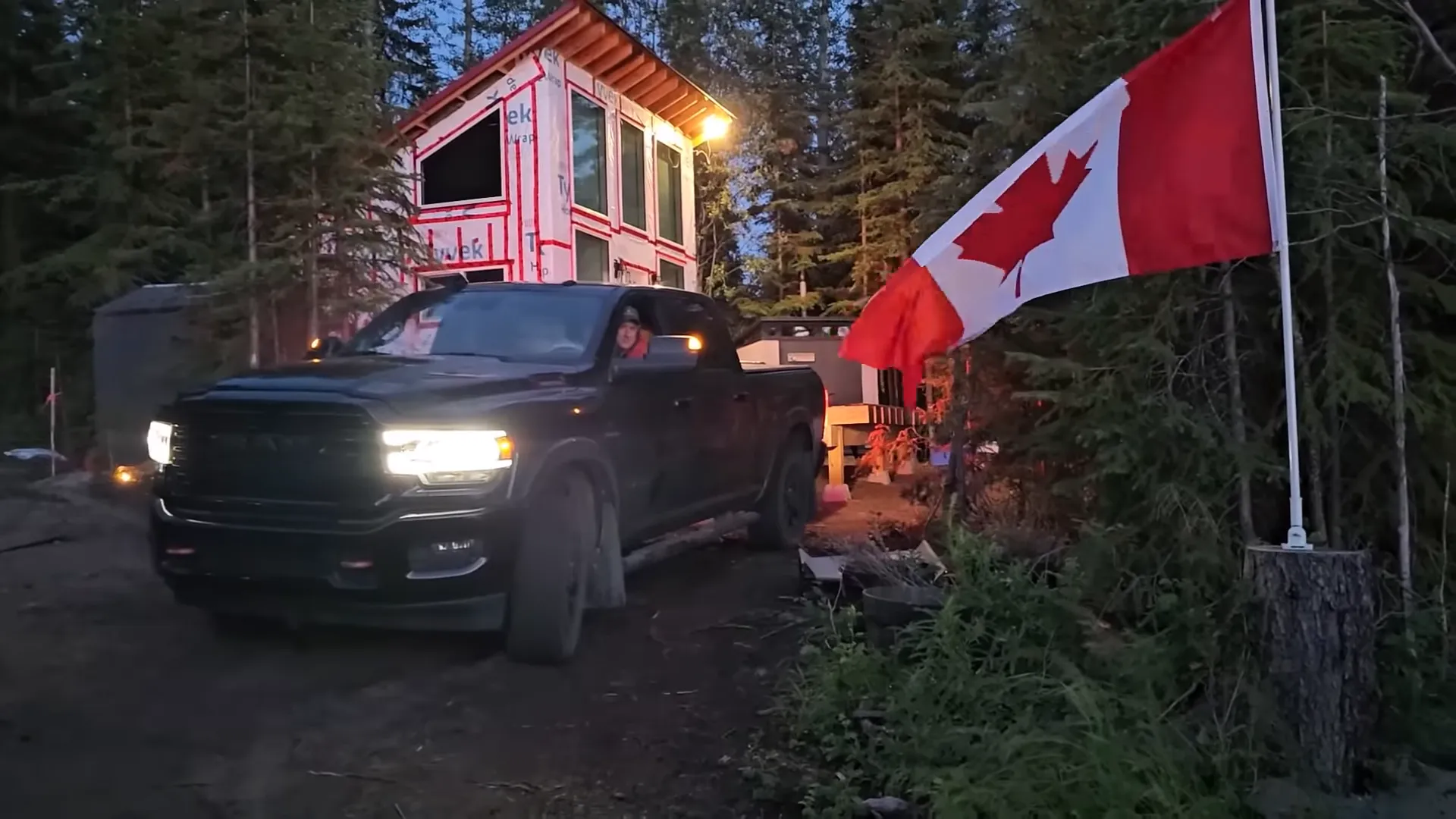 Barge supply run 101 - final approach to tiny cabin and greenhouse at dusk