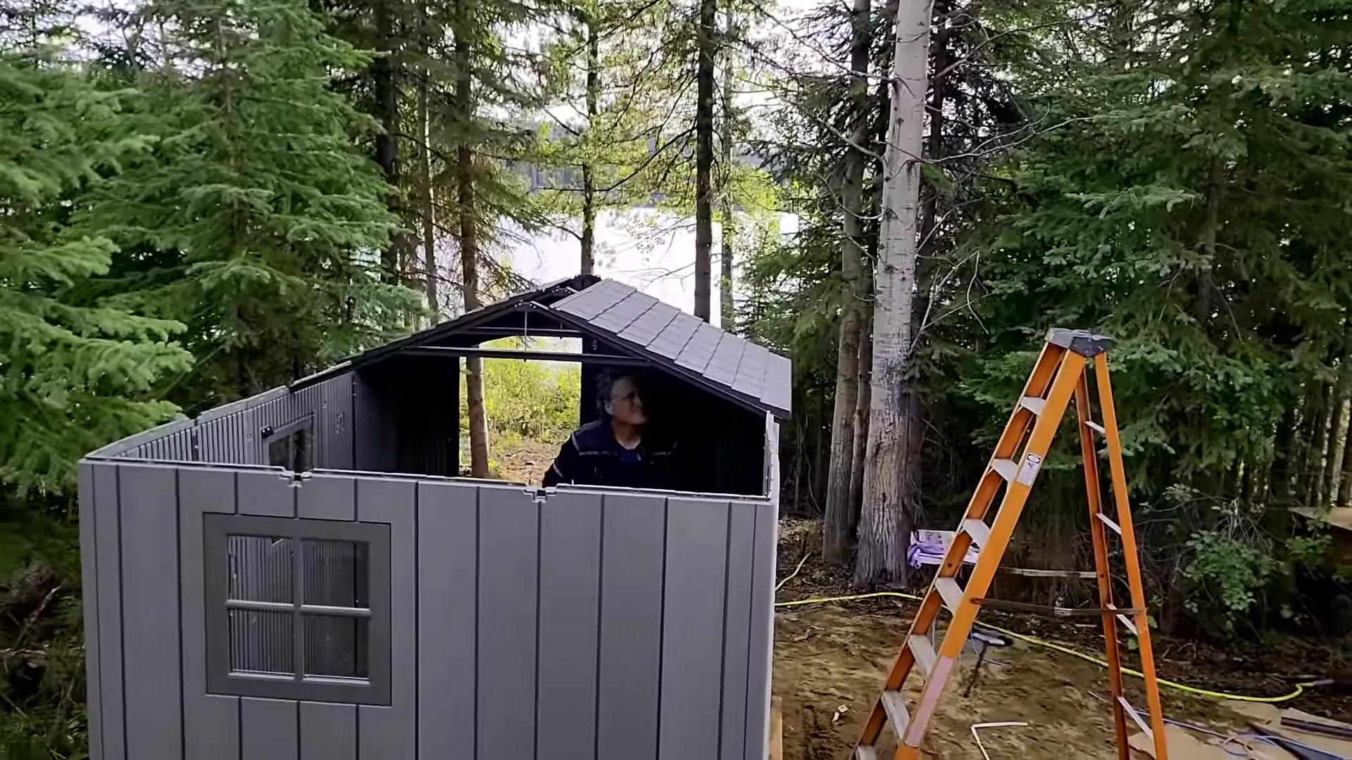 Morning on the island with ladder and partial shed roof