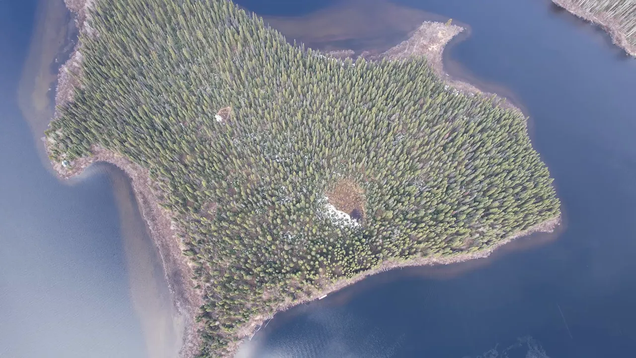 One Slip and Our New Sawmill Falls Into the Water! - S4 Ep11 1 Aerial drone shot of a densely forested remote island surrounded by water